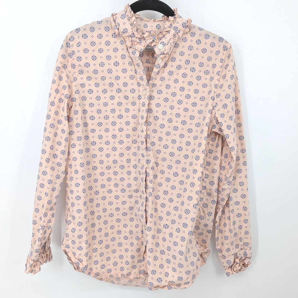 J.Crew Button Down Women 4 Peach Medallion Ruffle Collar Long Sleeve Cotton